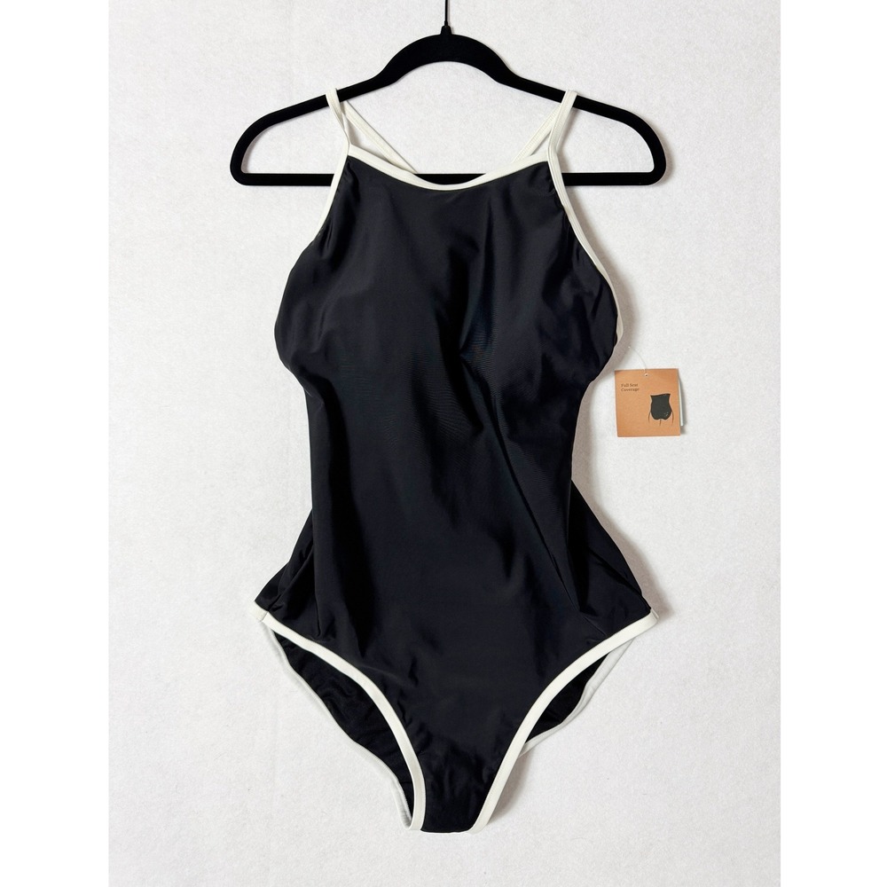 Shade‎ & Shore Black One Piece Swimsuit White Trim High Neck Strappy Back Large